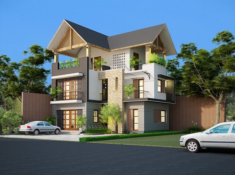 Mẫu nhà chữ L 3 tầng đẹp phong cách hiện đại với các mảng tường vuông vắn, giật cấp với nhau