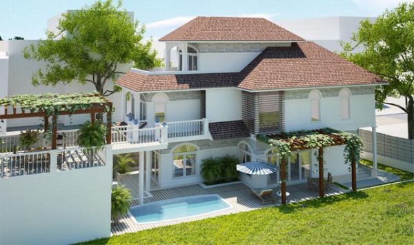 Phối cảnh kiến ​​trúc của mẫu biệt thự đẹp nhà vườn 2 tầng có gác xép