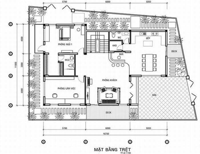 Mặt bằng công năng tầng 1 mẫu thiết kế nhà phố 3 tầng