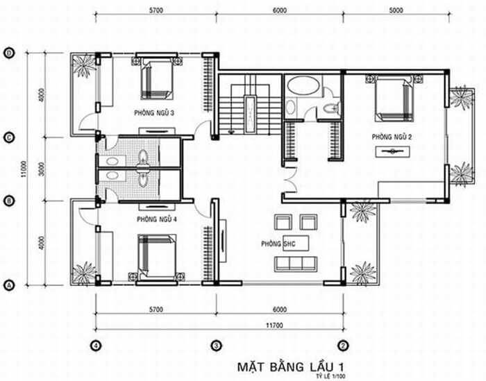 Mặt bằng công năng tầng 2 mẫu thiết kế nhà phố có sân vườn