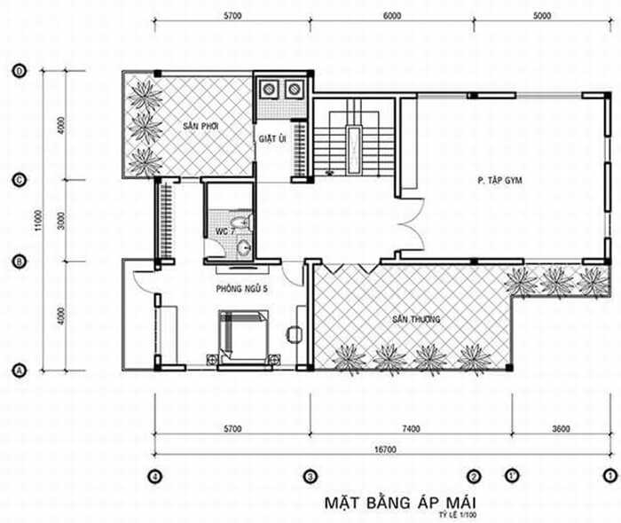 Mặt bằng công năng tầng 3 mẫu thiết kế nhà phố có sân vườn